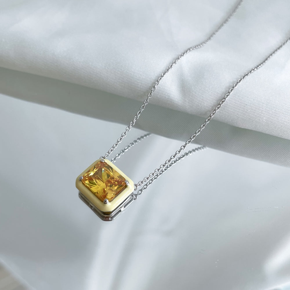 Women's Pendant Necklace, Rectangle Shape Yellow Sapphire Inlay Inside Yellow Epoxy, S925 with White Gold Plating