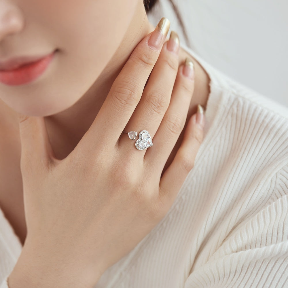 Women's Adjustable Heart Double Stone Ring, Heart-Shaped & Round Zirconia, S925 with White Gold Plating