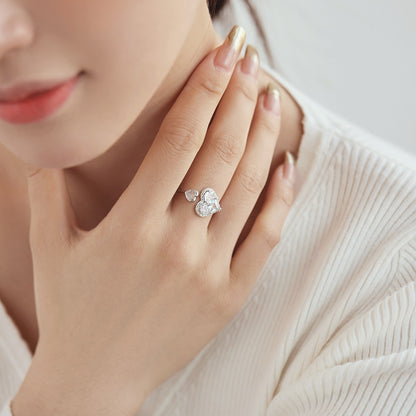 Women's Adjustable Heart Double Stone Ring, Heart-Shaped & Round Zirconia, S925 with White Gold Plating