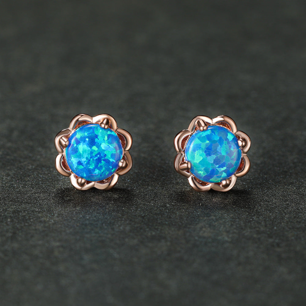 Women's 4‑Prong Flower Bezel Round White & Blue Opal Stud Earrings, S925,with White Gold Plating / with Rose Gold Plating
