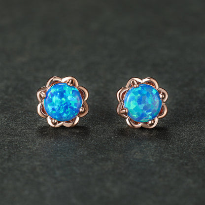 Women's 4‑Prong Flower Bezel Round White & Blue Opal Stud Earrings, S925,with White Gold Plating / with Rose Gold Plating