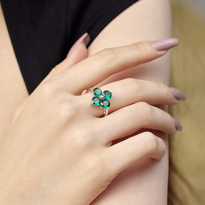 Women's S925 Silver White Gold Tone Ring, Green Round Zircon Inlaid Clover Eight-Pointed Star Ladies Ring