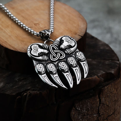Vintage Stainless Steel Single Sided Celtic Knot Bear Paw Pendant Necklace for Men