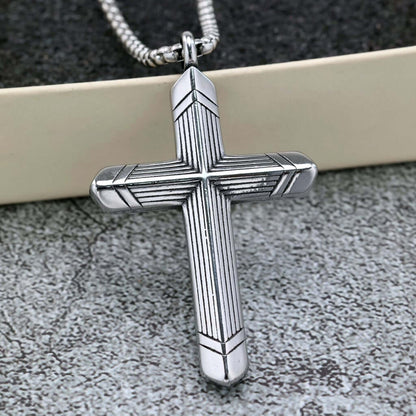 Vintage Stainless Steel Cross Striped Pendant Necklace for Men
