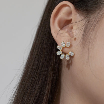 Women's Sunflower Hoop Earrings, Paved Oval Zirconia, S925 with 18K Gold Plating
