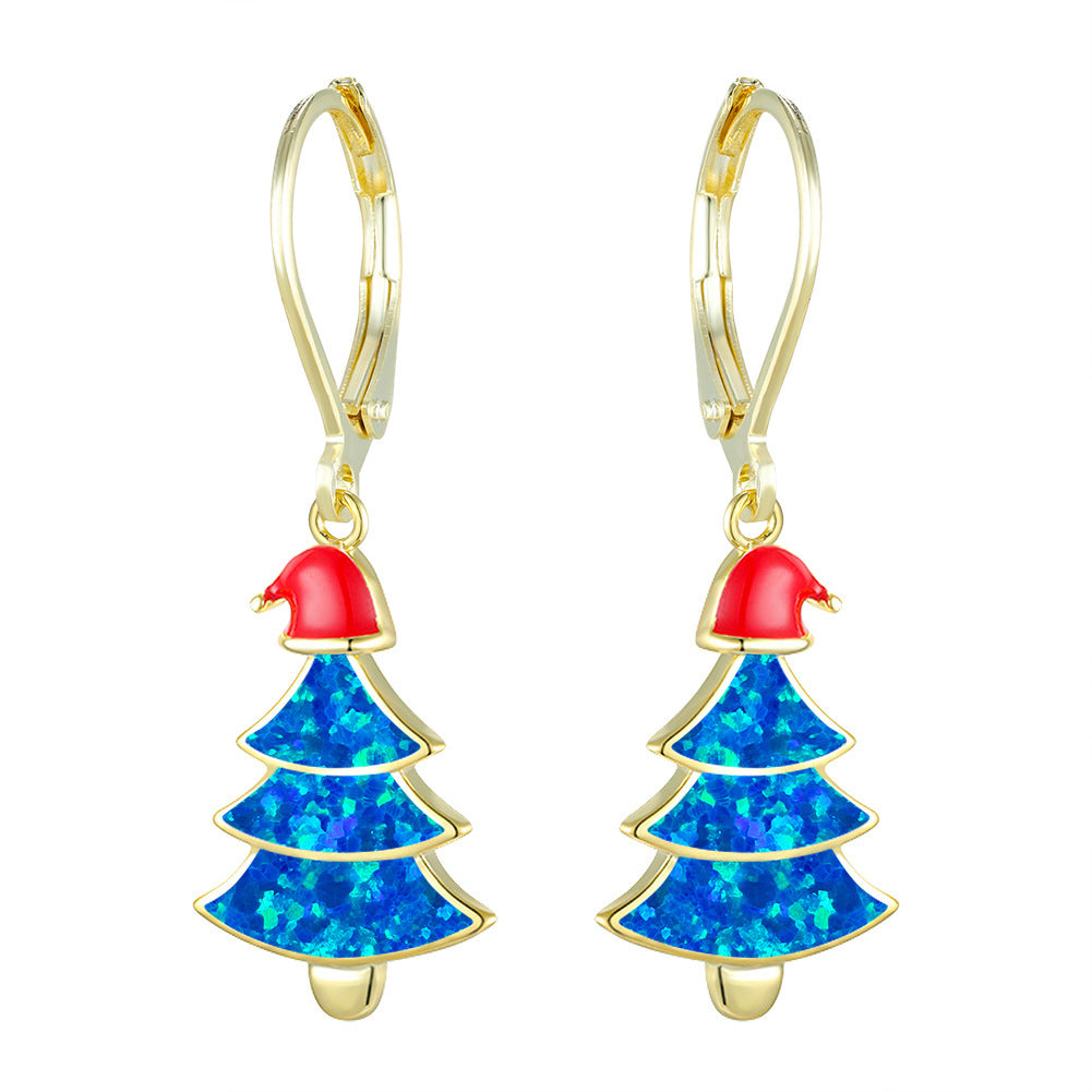 Women's Christmas Tree Color Opal Dangle Earrings, Gold / White Gold Plating