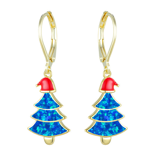 Women's Christmas Tree Color Opal Dangle Earrings, Gold / White Gold Plating