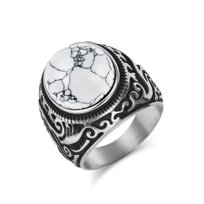 Men's Vintage Carved And Inlaid Tiger's Eye Stone Black And White Turquoise Titanium Steel Ring