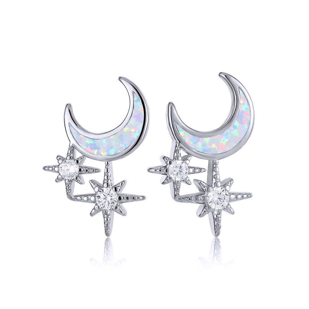 Women's Moon & Star Stud Earrings Inlaid with Blue Opal & White Opal and Round Zirconia