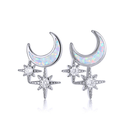 Women's Moon & Star Stud Earrings Inlaid with Blue Opal & White Opal and Round Zirconia