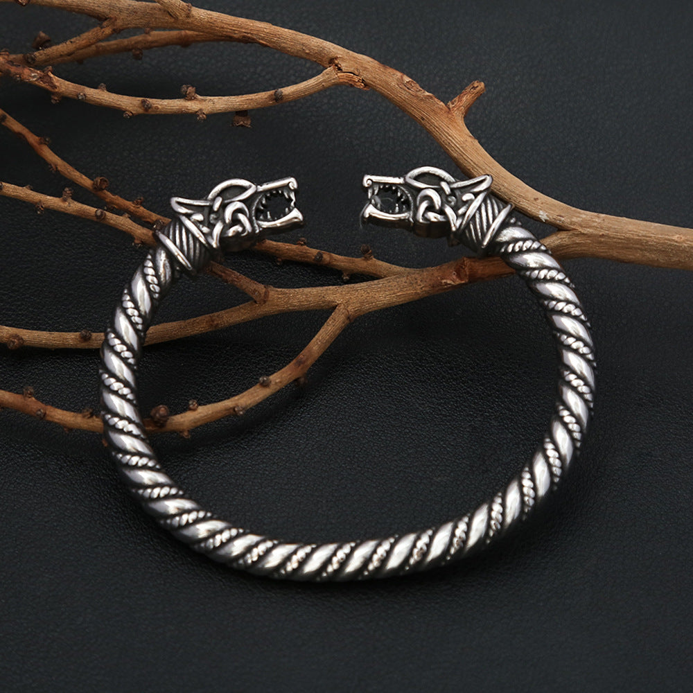 Viking Retro Double Dragon Head Open C Bracelet for Men, European Vintage Bold Personality Stainless Steel Cuff Bangle