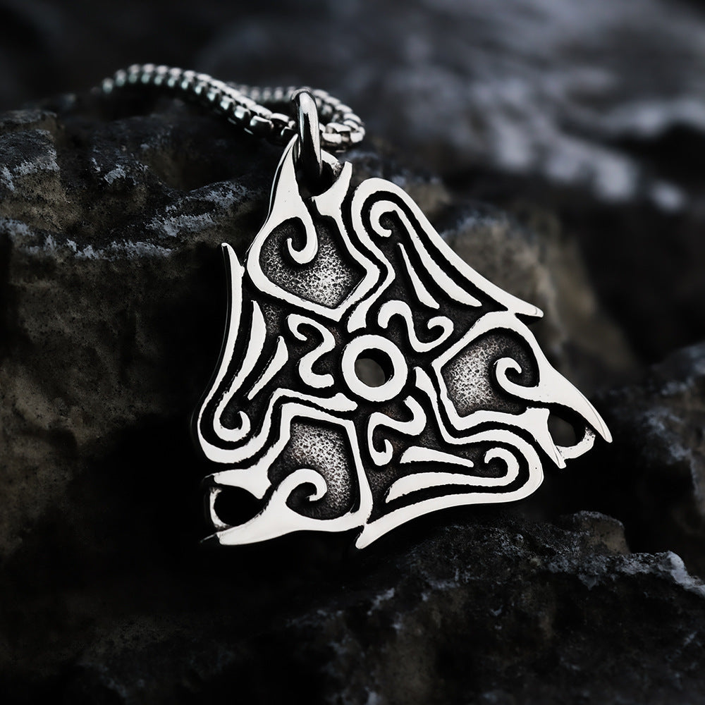 Vintage Antique Oxidized Stainless Steel Men's Norse Viking Swirl Pattern Triangle Hollow Totem Pendant Necklace