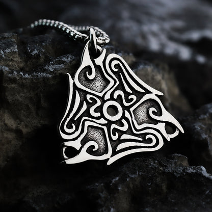 Vintage Antique Oxidized Stainless Steel Men's Norse Viking Swirl Pattern Triangle Hollow Totem Pendant Necklace