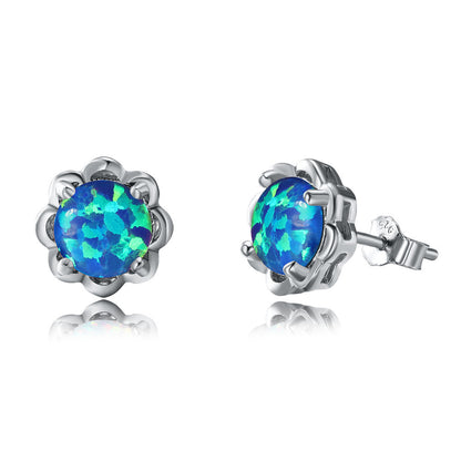 Women's 4‑Prong Flower Bezel Round White & Blue Opal Stud Earrings, S925,with White Gold Plating / with Rose Gold Plating