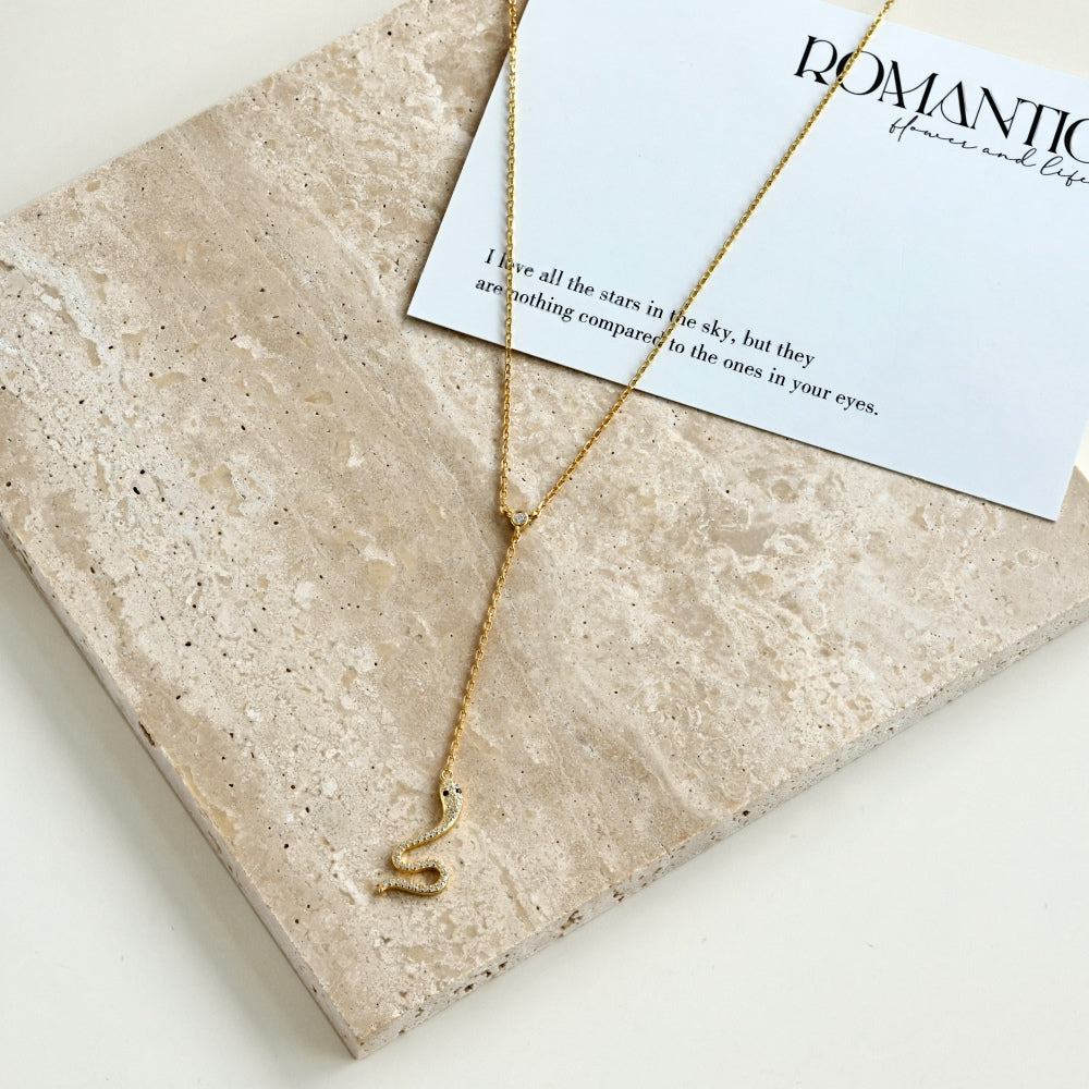 Women's Unique Snake Pendant Necklace, Round Zirconia Inlay, S925 with 18K Gold Plating