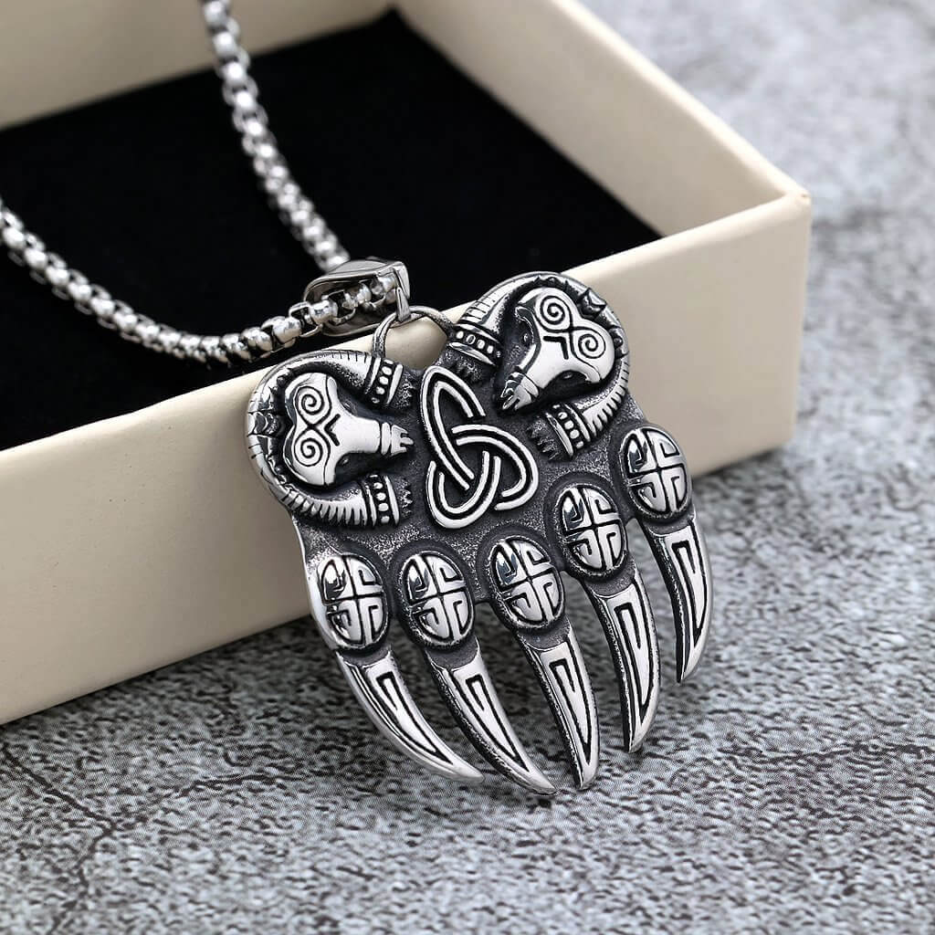 Vintage Stainless Steel Single Sided Celtic Knot Bear Paw Pendant Necklace for Men