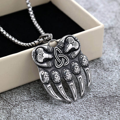 Vintage Stainless Steel Single Sided Celtic Knot Bear Paw Pendant Necklace for Men