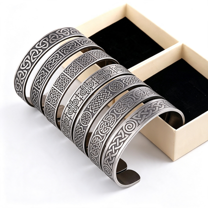 Vintage Antique Oxidized Stainless Steel Men's Viking Celtic Knot Rune Totem Open Cuff Bangle Bracelet Set