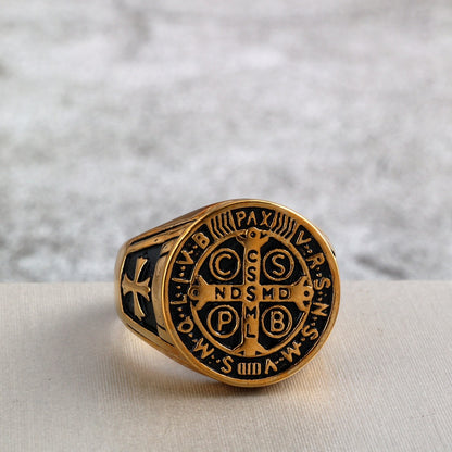 Vintage Gold Plated Stainless Steel Saint Benedict Exorcism Cross Round Signet Ring for Men