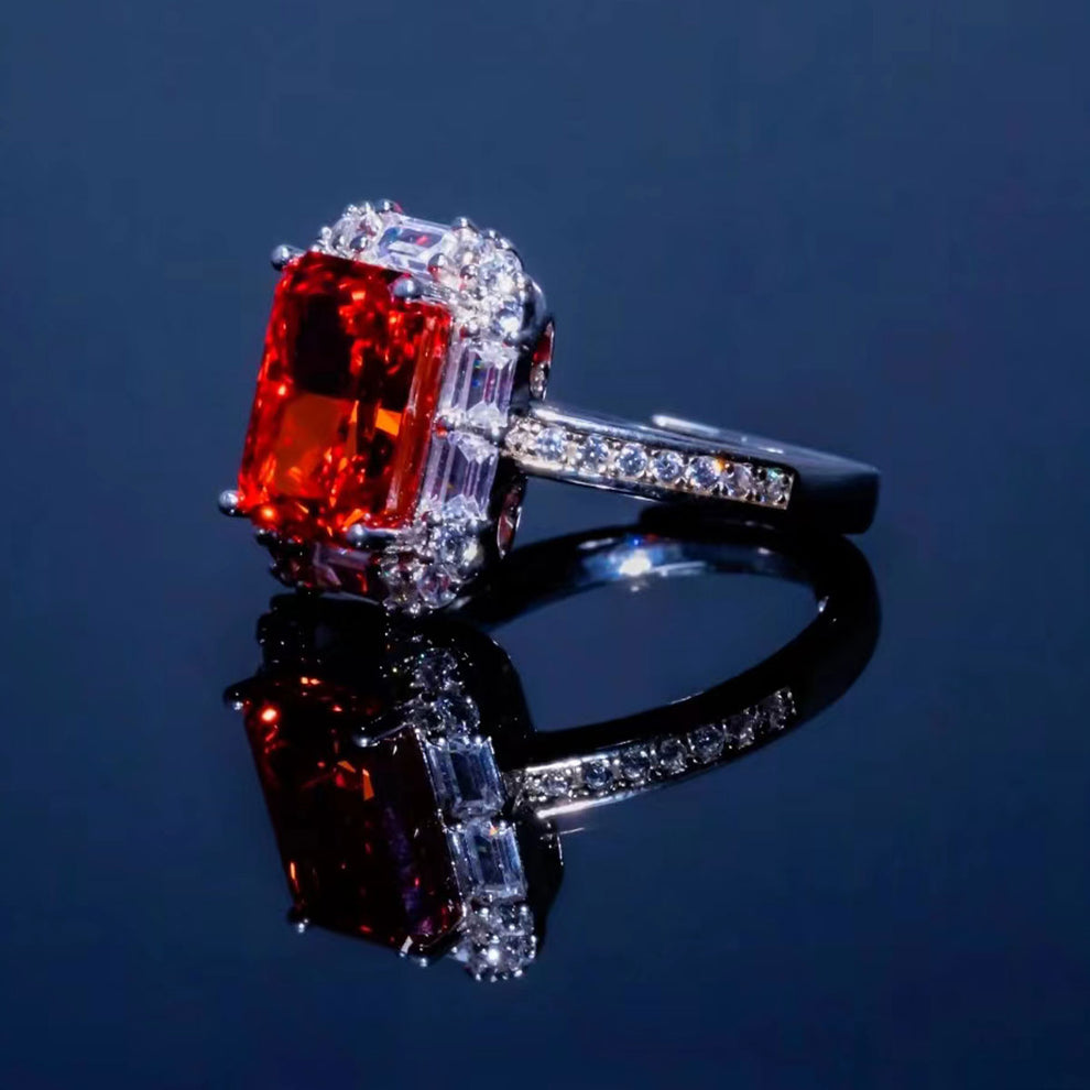 Women's White Gold Rectangle Ruby Adjustable Halo Ring