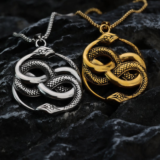 Vintage Stainless Steel Single-sided Punk Double Snake Wrapped Pendant Necklace for Men