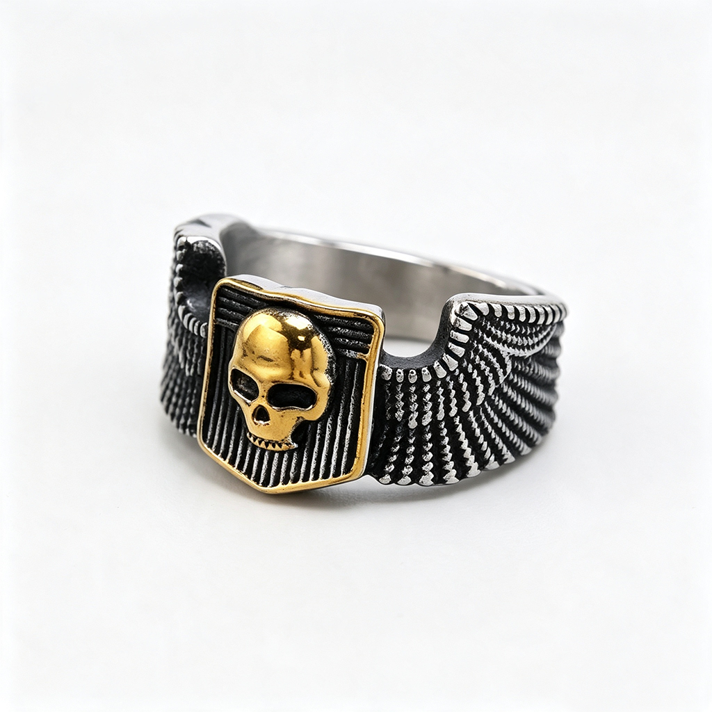 Vintage Solid Stainless Steel Wing Carved Halloween Skull Ring for Men