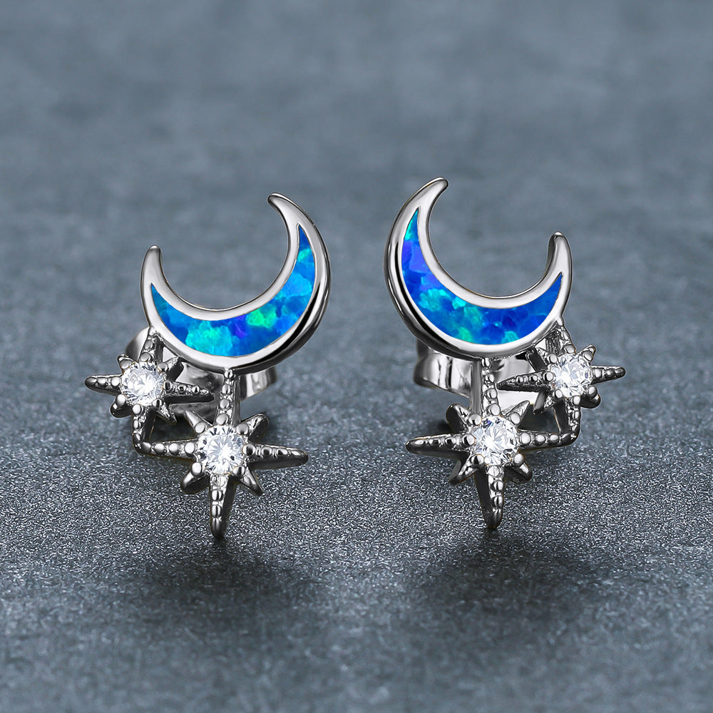 Women's Moon & Star Stud Earrings Inlaid with Blue Opal & White Opal and Round Zirconia