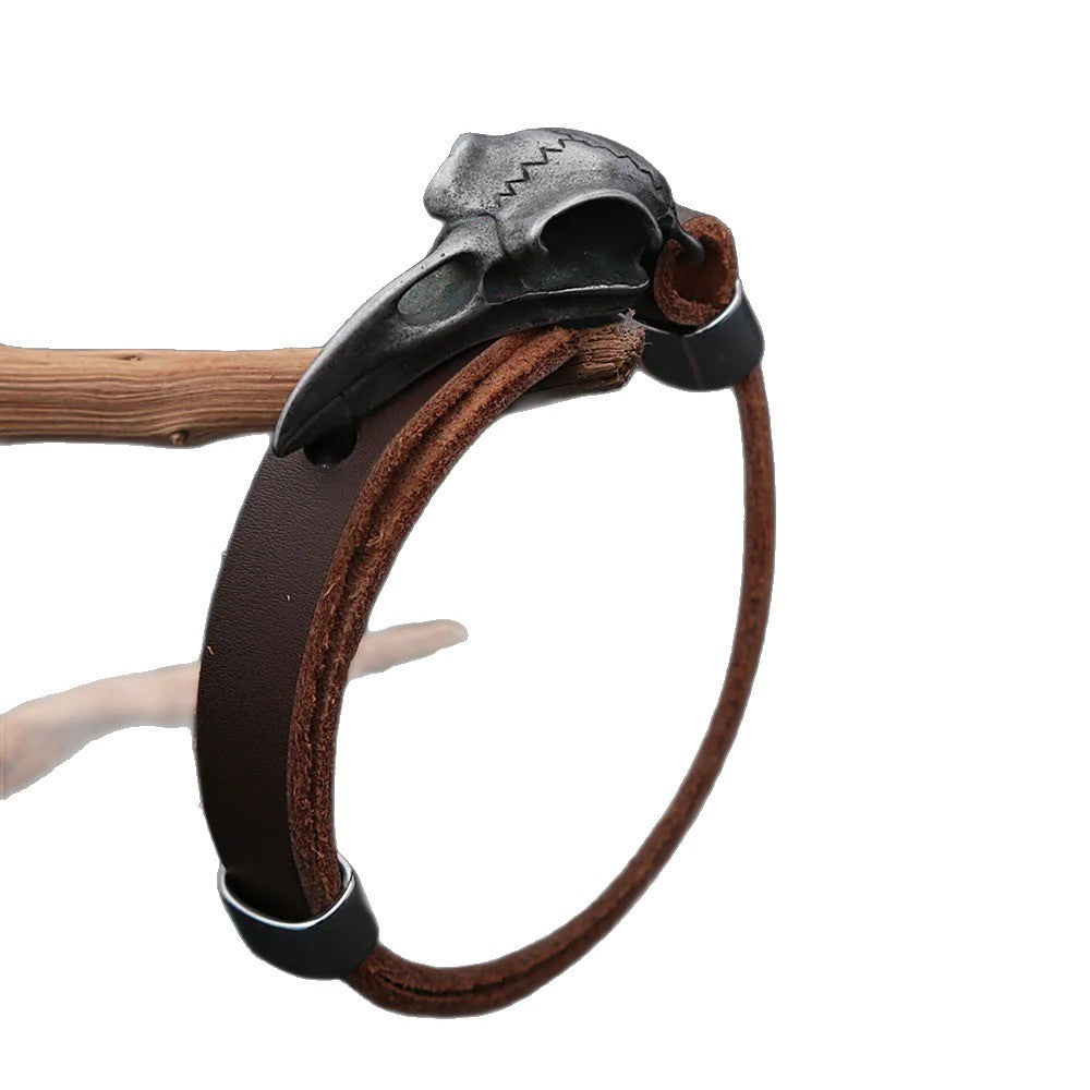 Men's Vintage Stainless Steel Raven Skull Leather Bracelet, Simple Versatile Punk Rock Adjustable Wrist Cuff