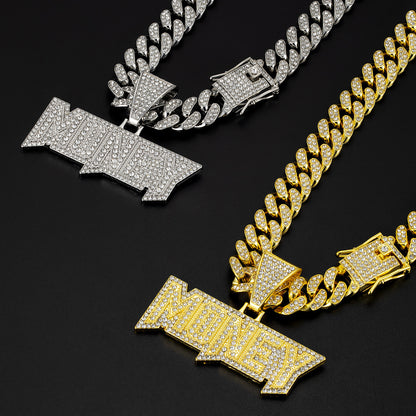 Hip-Hop Zircon-Encrusted Letters MONEY Cuban Chain Pendant Necklace