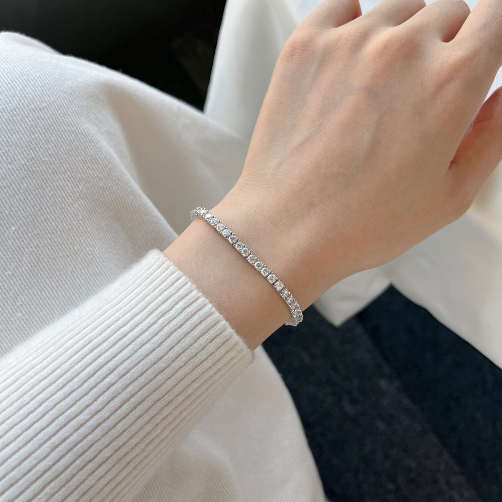 Women's Fashion Design 3MM Width Tennis Bracelet, Round Zirconia Paved Inlay, S925 with White Gold Plating