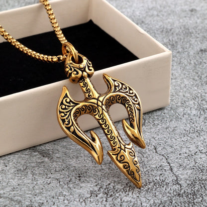Vintage Stainless Steel Men's Trident Pendant Necklace