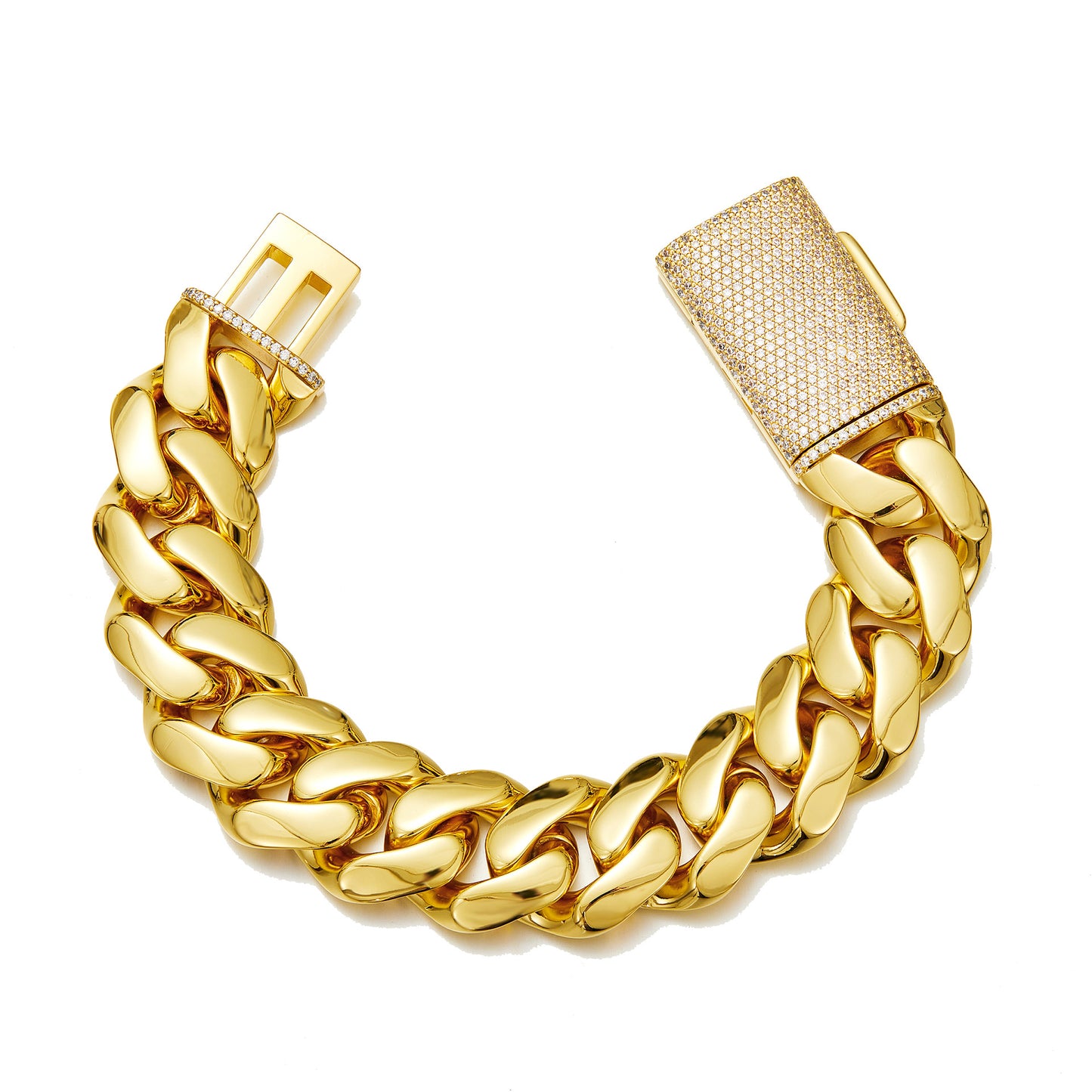 Men’s Gold Stainless Steel Thin Cuban Link Bracelet, Flip Clasp with Rhinestones Fashion Hip Hop Wrist Jewelry