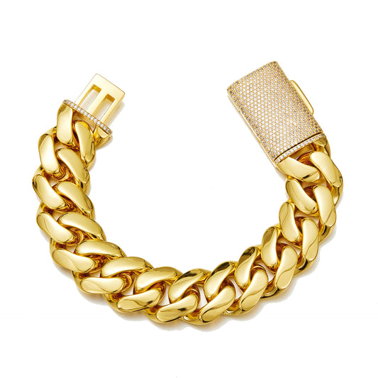 Men’s Gold Stainless Steel Thin Cuban Link Bracelet, Flip Clasp with Rhinestones Fashion Hip Hop Wrist Jewelry