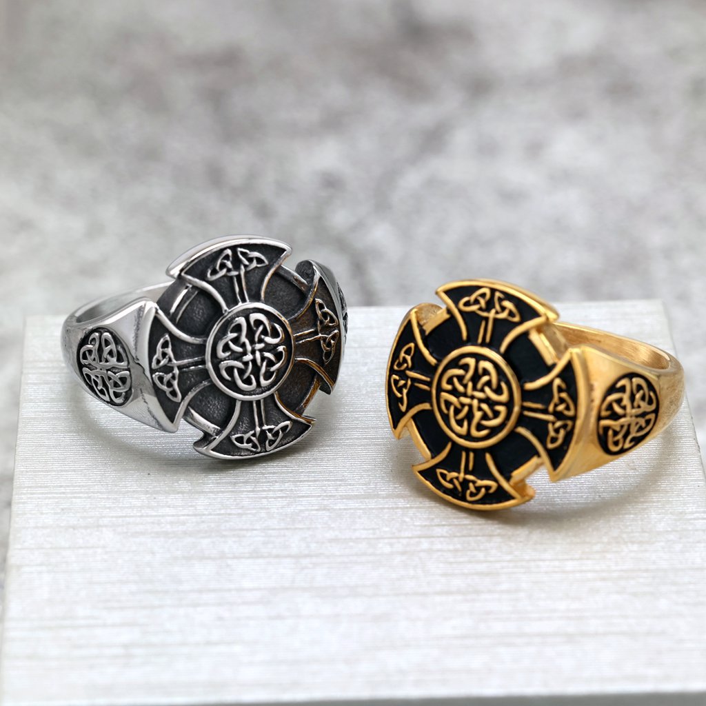 Vintage European American Solid Stainless Steel Viking Celtic Shield Round Ring for Men