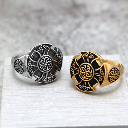 Vintage European American Solid Stainless Steel Viking Celtic Shield Round Ring for Men