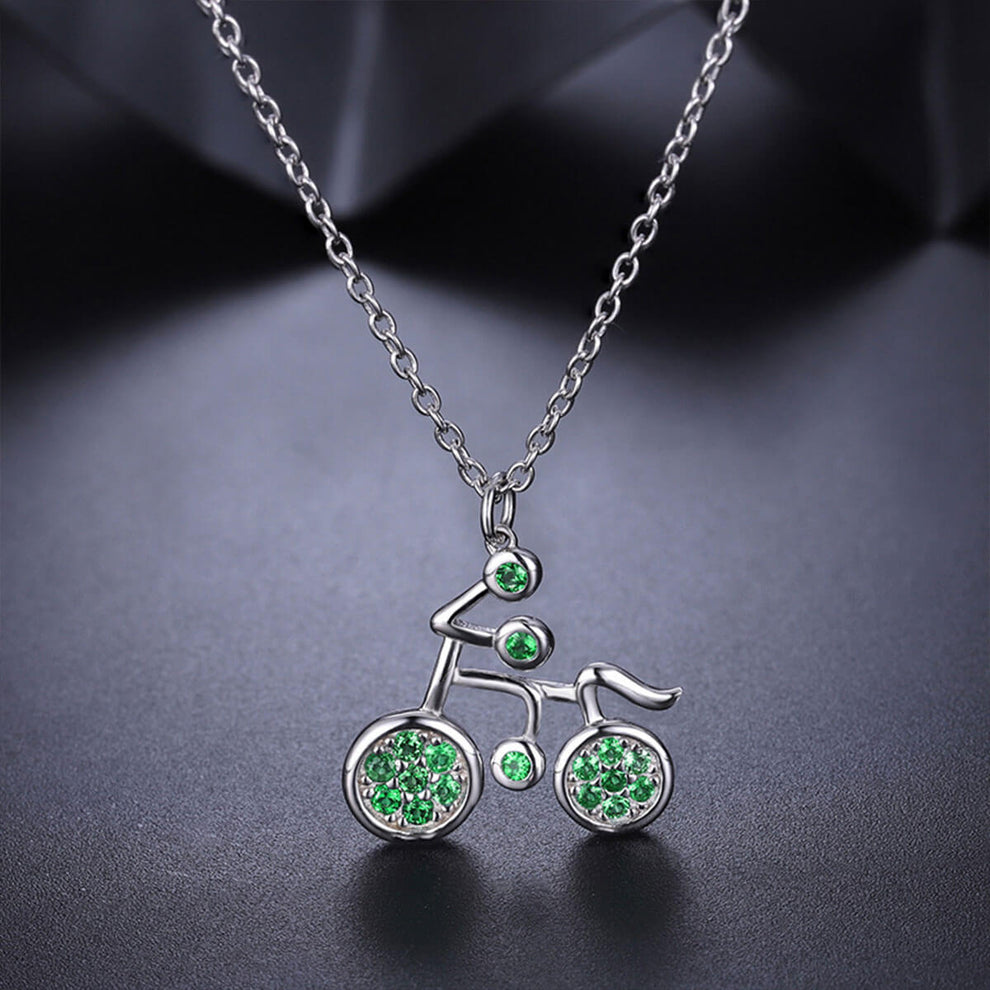 Women's Sterling Silver White Gold Bike Shape Mutil Emerald Pendant