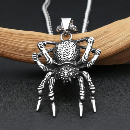 Vintage Stainless Steel Men's Halloween 3D Spider Pendant Necklace