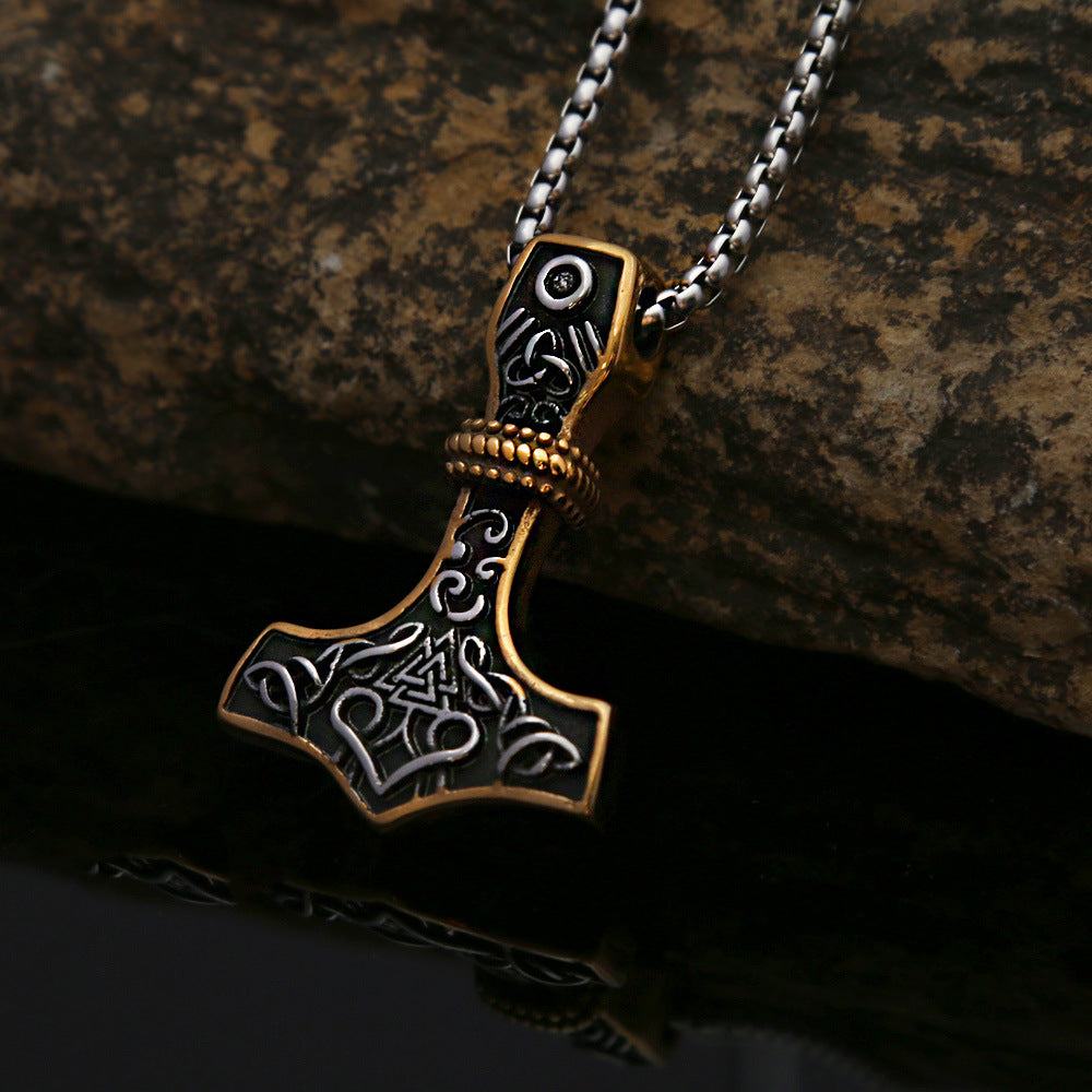 Mens Steel Mjolnir Valknut Pendant Necklace