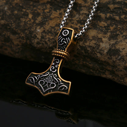 Mens Steel Mjolnir Valknut Pendant Necklace