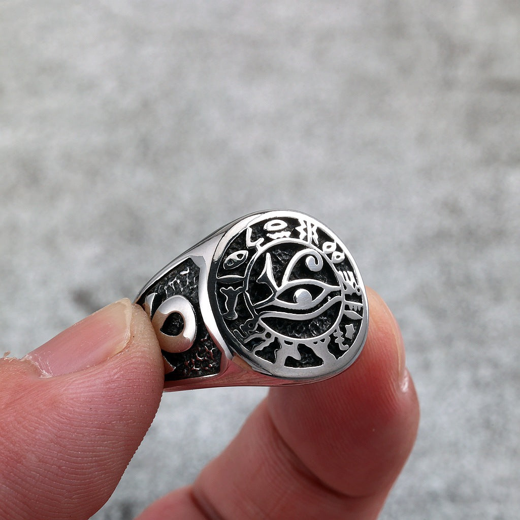 Vintage Solid Stainless Steel Ancient Egyptian Eye of Horus Cross Round Ring for Men
