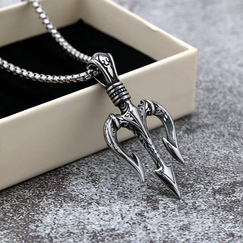 Vintage Stainless Steel 3D Trident Pendant Necklace for Men