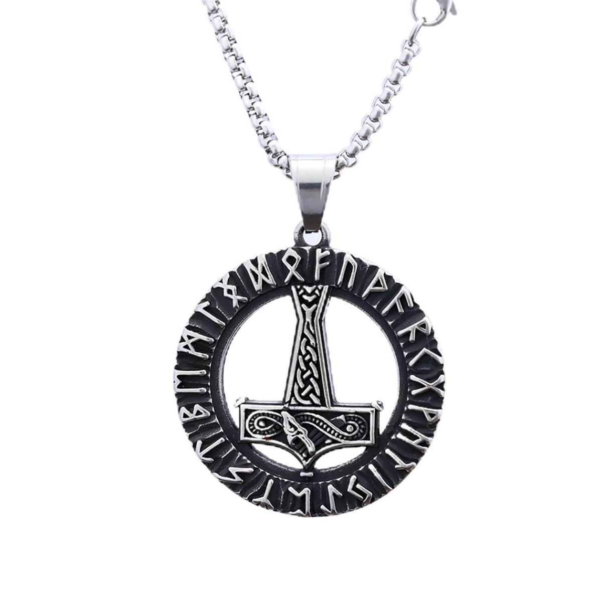 Men's Steel Viking Runes Mjolnir Round Pendant Necklace