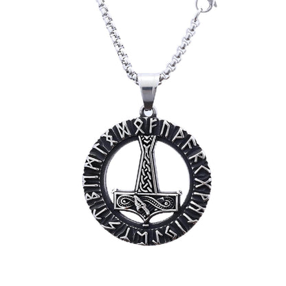 Men's Steel Viking Runes Mjolnir Round Pendant Necklace
