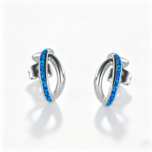 Women's Intertwined Cross‑Shape Stud Earrings, Blue Opal / White Opal Inlay, White Gold Plating / Rose Gold Plating
