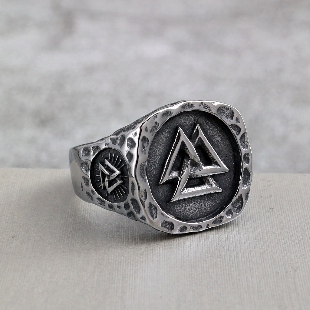 Vintage Solid Stainless Steel Viking Valknut Vegvisir Round Signet Ring for Men