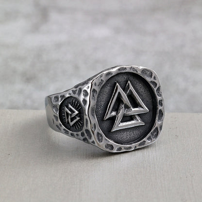 Vintage Solid Stainless Steel Viking Valknut Vegvisir Round Signet Ring for Men