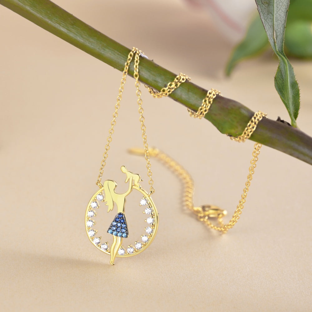 Women's Mom Holding Baby Pendant Necklace, Gradient White‑Blue Round Zirconia Inlay, S925 with Gold Plating