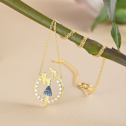 Women's Mom Holding Baby Pendant Necklace, Gradient White‑Blue Round Zirconia Inlay, S925 with Gold Plating