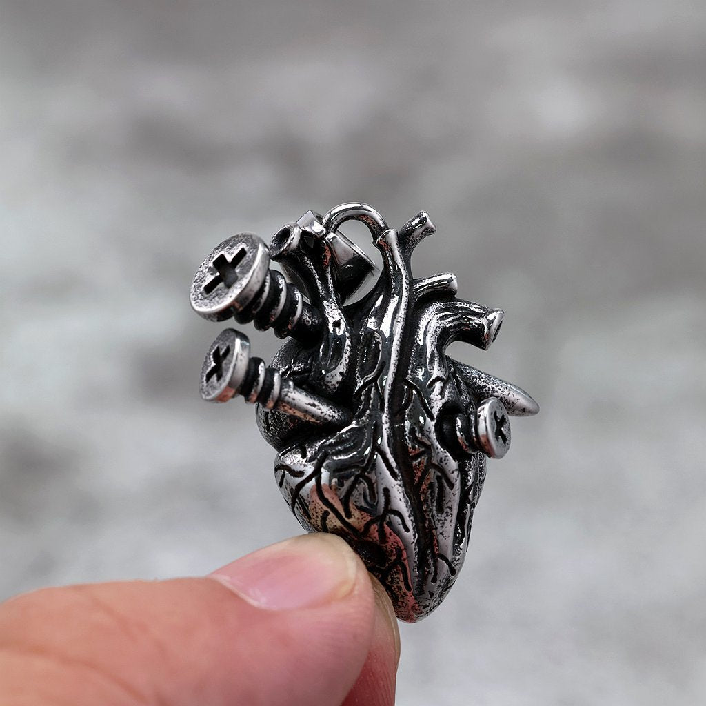 Vintage Stainless Steel Men's Screw Heart Pendant Necklace