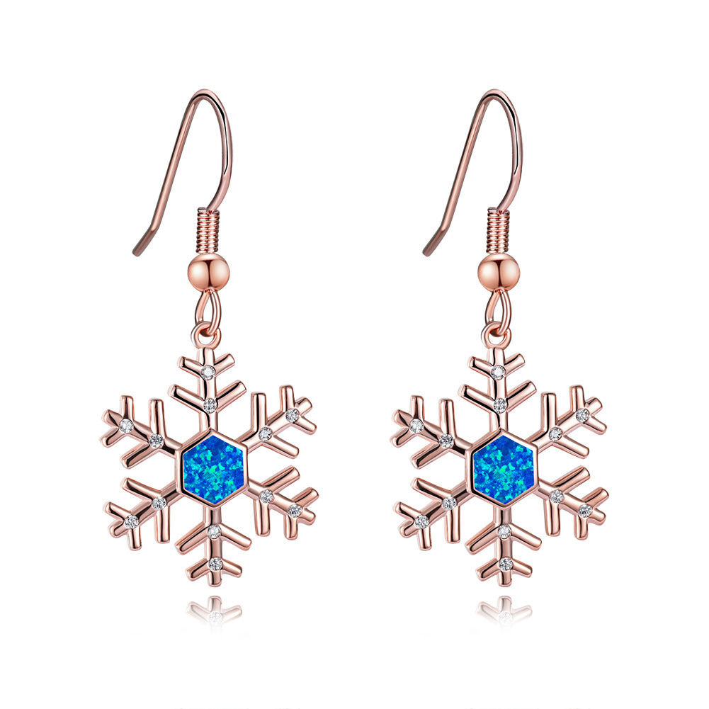 Women's Snowflake Hexagon Blue Opal & Zirconia Dangle Hook Earrings